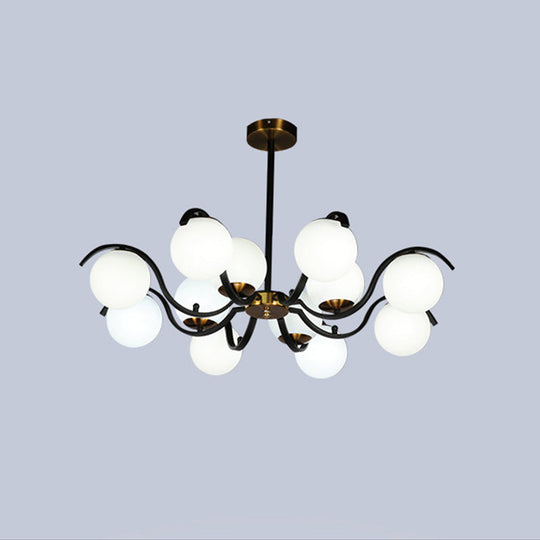 Minimalist Globe Pendant Chandelier - 12 Lights Milky Glass Down Lighting Black