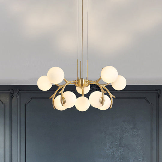 Sleek Modern Brass Pendant Chandelier With 10 White Glass Bulbs For Bedroom Ceiling - Antler Arm