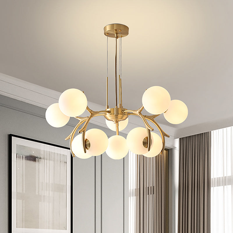 Sleek Modern Brass Pendant Chandelier With 10 White Glass Bulbs For Bedroom Ceiling - Antler Arm