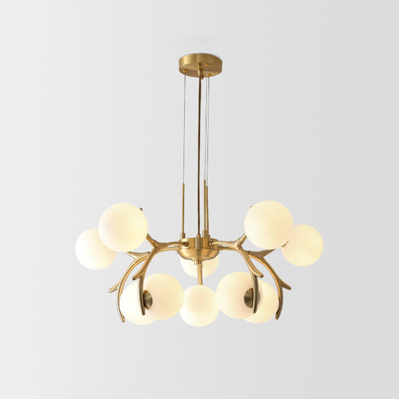 Sleek Modern Brass Pendant Chandelier With 10 White Glass Bulbs For Bedroom Ceiling - Antler Arm