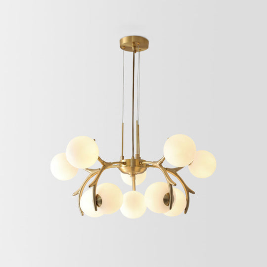 Sleek Modern Brass Pendant Chandelier With 10 White Glass Bulbs For Bedroom Ceiling - Antler Arm
