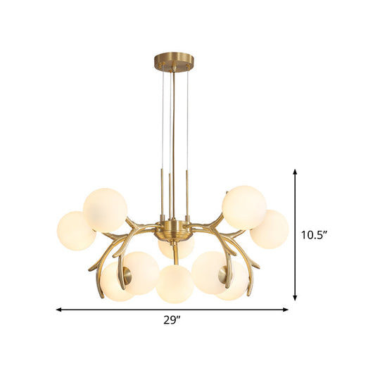 Sleek Modern Brass Pendant Chandelier With 10 White Glass Bulbs For Bedroom Ceiling - Antler Arm
