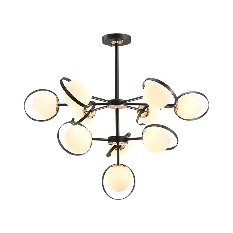 Opal Glass 3-Tier Modo Pendant Chandelier - Modern Black 10-Head Hanging Light With Ring Detail