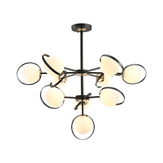 Opal Glass 3-Tier Modo Pendant Chandelier - Modern Black 10-Head Hanging Light With Ring Detail