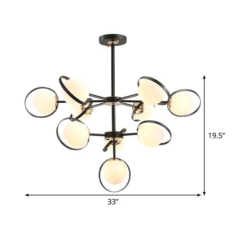 Opal Glass 3-Tier Modo Pendant Chandelier - Modern Black 10-Head Hanging Light With Ring Detail