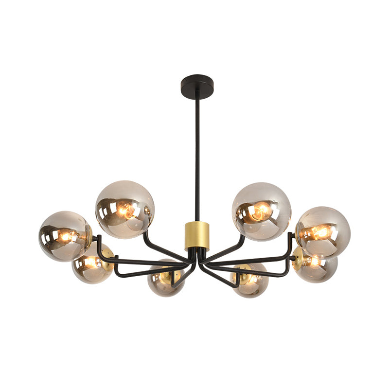 Sleek Grey Glass Spherical Suspension Light - Post Modern 8-Head Brass & Black Chandelier With