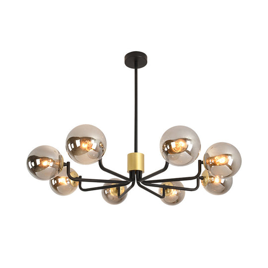 Modern 8-Head Brass And Black Chandelier With Grey Glass Spherical Suspension Radial Design