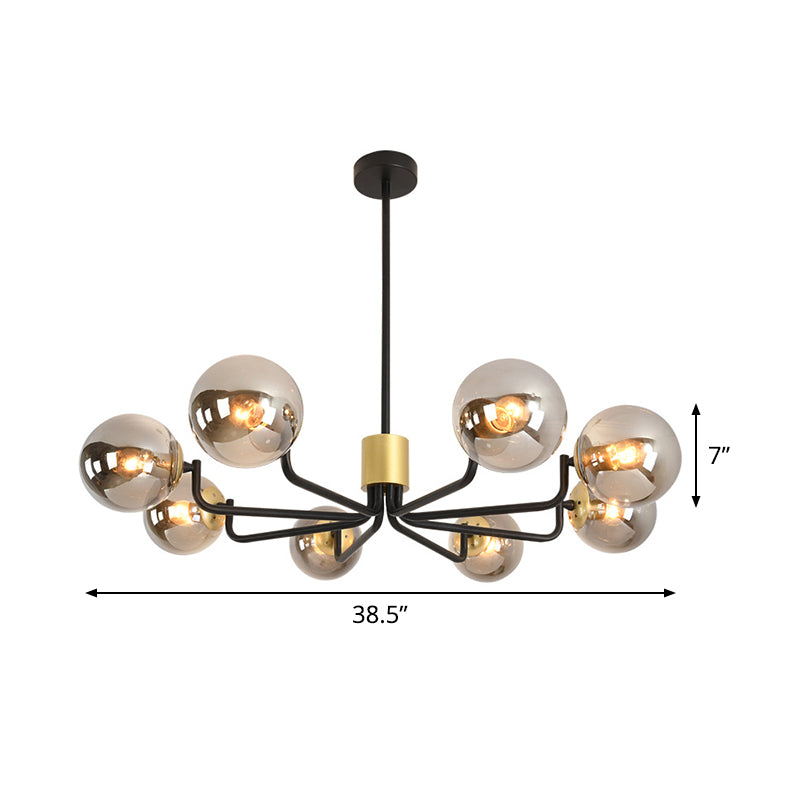 Sleek Grey Glass Spherical Suspension Light - Post Modern 8-Head Brass & Black Chandelier With