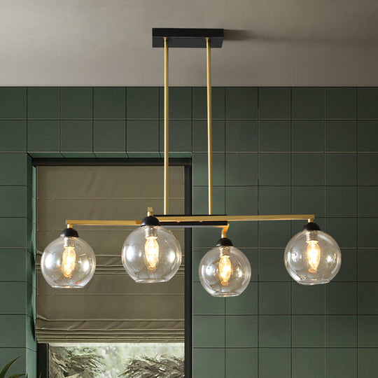 Brass 4-Light Linear Chandelier With Clear Globe Glass Shade For Dining Room Down Lighting