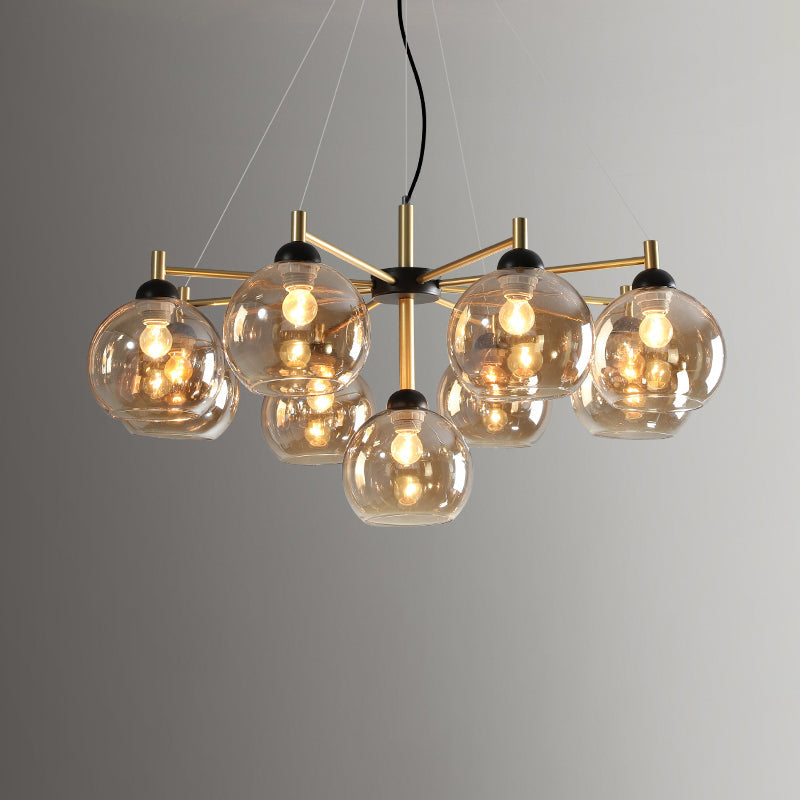 Modern Amber Glass Chandelier - 9 Bulb Ceiling Fixture In Brass For Living Room