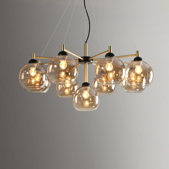 Modern Amber Glass Chandelier - 9 Bulb Ceiling Fixture In Brass For Living Room