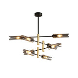 Modern Smoke Gray Glass Chandelier With 8 Black And Brass Pendant Lights