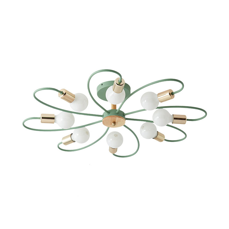 Macaron Flush Mount Ceiling Lamp With Metallic Semi Design - Green Blossom 8 Bulbs