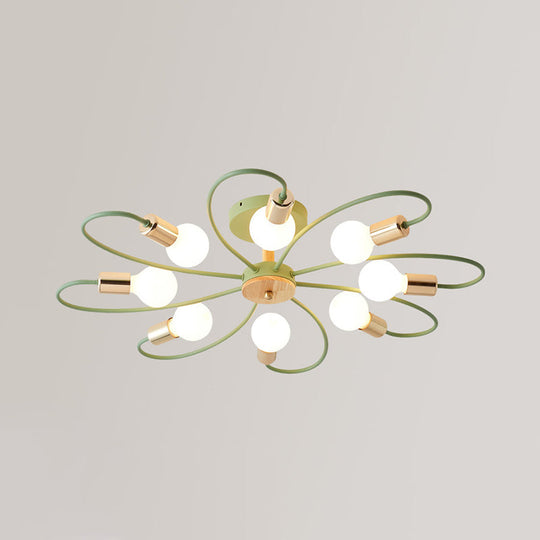 Macaron Flush Mount Ceiling Lamp With Metallic Semi Design - Green Blossom 8 Bulbs