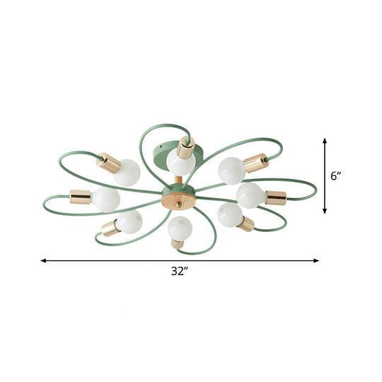 Macaron Flush Mount Ceiling Lamp With Metallic Semi Design - Green Blossom 8 Bulbs
