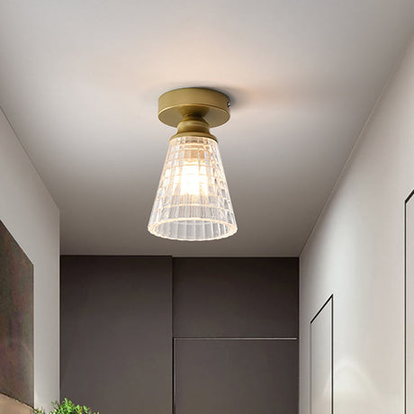 Clear Lattice Glass Cone Flushmount Lighting: Modern Brass Flush Mount Lamp
