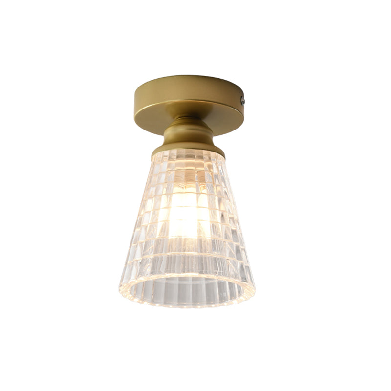 Clear Lattice Glass Cone Flushmount Lighting: Modern Brass Flush Mount Lamp