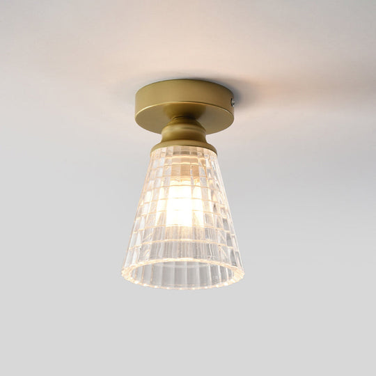 Clear Lattice Glass Cone Flushmount Lighting: Modern Brass Flush Mount Lamp