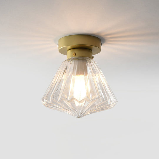 Post Modern Brass Bedroom Flush Mount Light With Prismatic Glass Shade