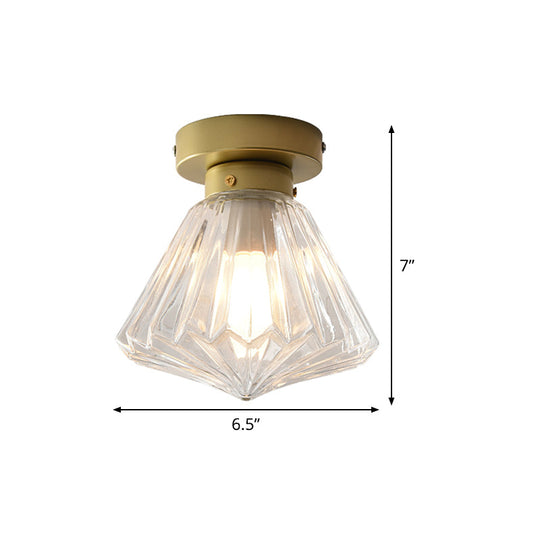 Post Modern Brass Bedroom Flush Mount Light With Prismatic Glass Shade
