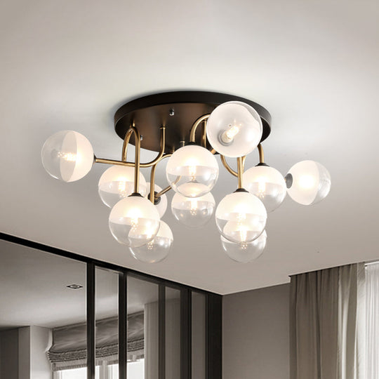 Modernist 12 - Head White Glass Globe Flush Lighting In Brass - Ideal For Living Room Ceiling