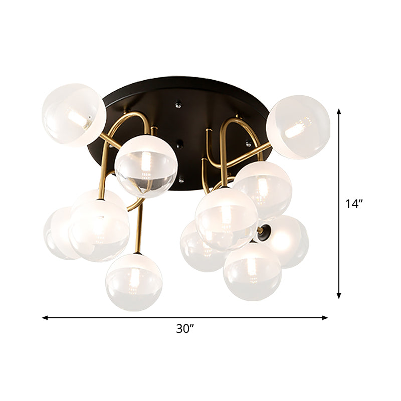 Modernist 12 - Head White Glass Globe Flush Lighting In Brass - Ideal For Living Room Ceiling