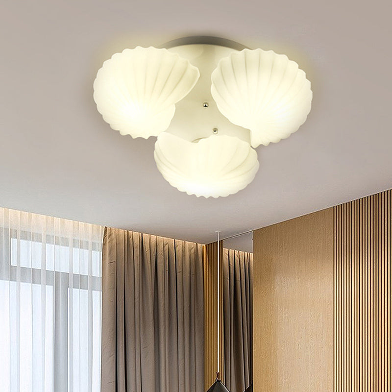 Modern Shell Shape Bedroom Flush Mount Ceiling Light In White Glass Available 3/5/7 Lights