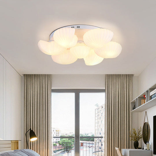 Modern Shell Shape Bedroom Flush Mount Ceiling Light In White Glass Available 3/5/7 Lights