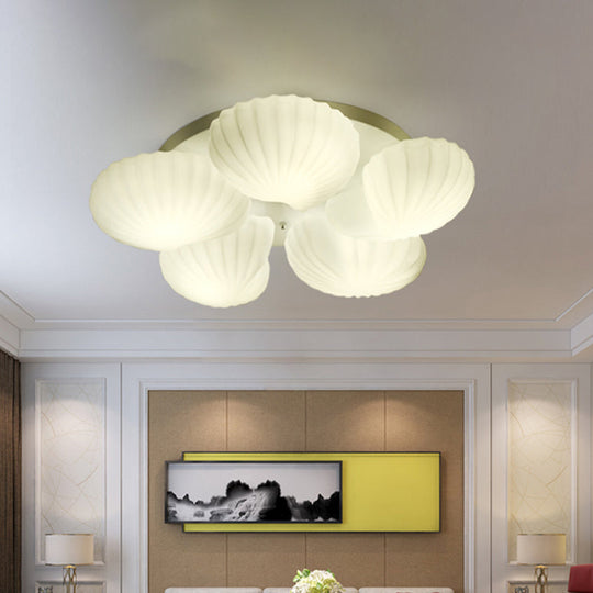 Modern Shell Shape Bedroom Flush Mount Ceiling Light In White Glass Available 3/5/7 Lights