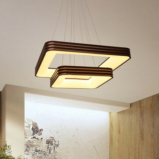 Modern 2-Tier Square Metal Led Chandelier In Brown For Living Room Ceiling - White/Warm/Natural