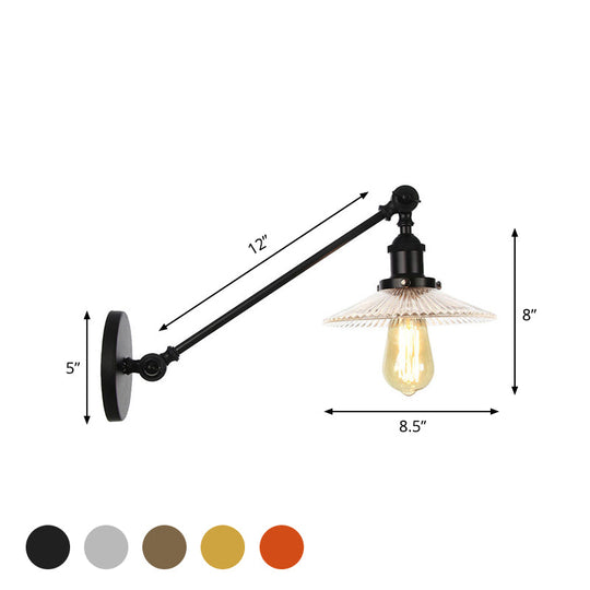 Vintage Clear Glass Ribbed Wall Lamp Saucer - Bronze/Brass/Copper Finish 1 Light Fixture 8/12 L Arm