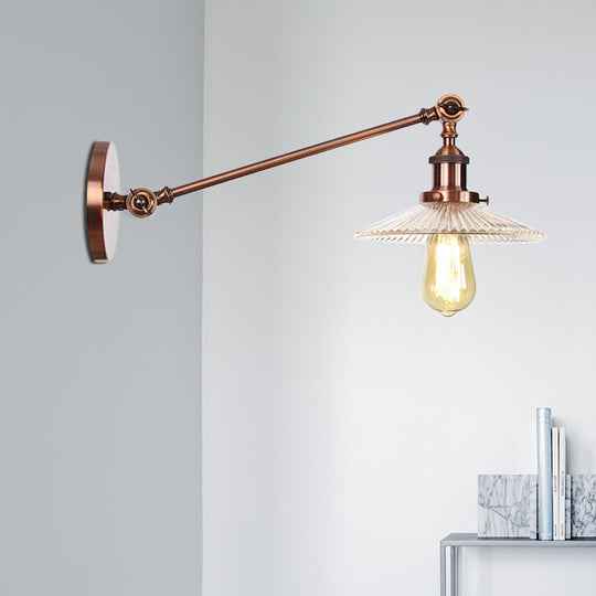 Vintage Clear Glass Ribbed Wall Lamp Saucer - Bronze/Brass/Copper Finish 1 Light Fixture 8/12 L Arm