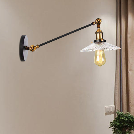 Vintage Clear Glass Ribbed Wall Lamp Saucer - Bronze/Brass/Copper Finish 1 Light Fixture 8/12 L Arm