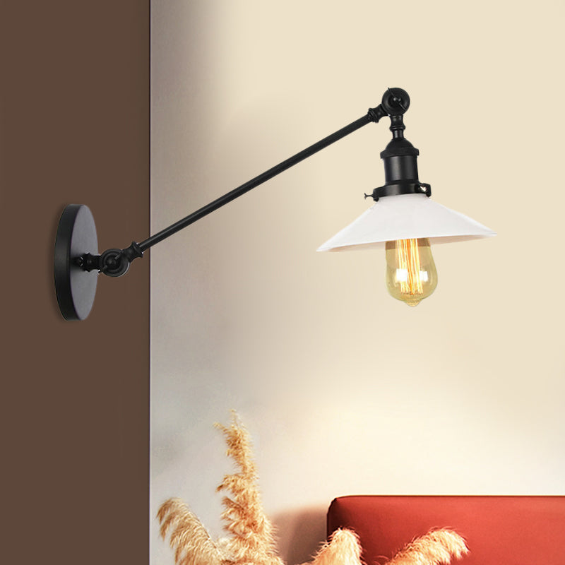 Industrial Conical Sconce Light With Opal Glass - Black/Bronze/Brass Finish Arm Mount 8/12 L