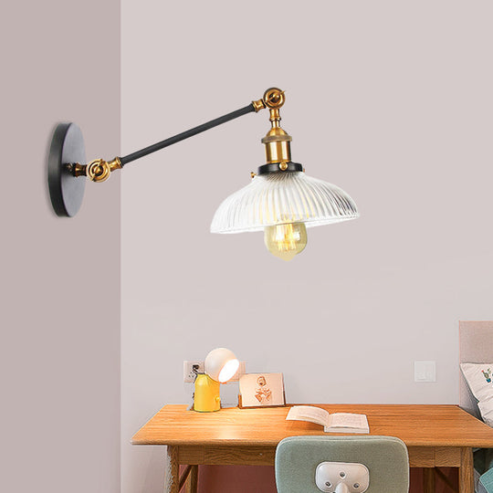 Vintage Clear Ribbed Glass Wall Sconce Black/Bronze/Brass 1-Light 8/12 L Arm