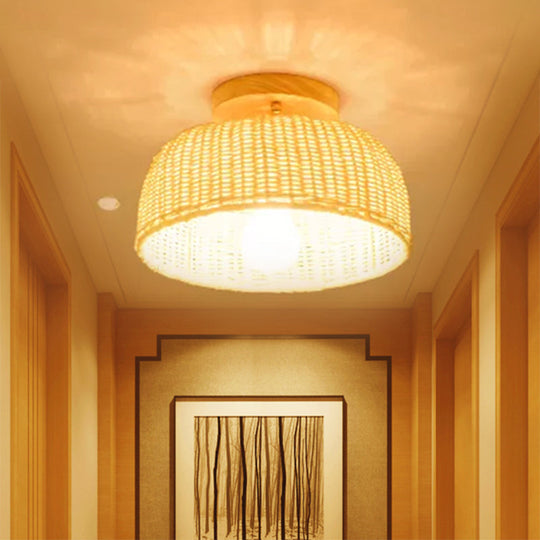 Contemporary Beige Bowl/Cylindrical Bamboo Ceiling Mount Light Fixture - 1 Head Semi-Mount Lighting