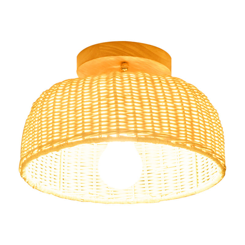 Contemporary Beige Bowl/Cylindrical Bamboo Ceiling Mount Light Fixture - 1 Head Semi-Mount Lighting