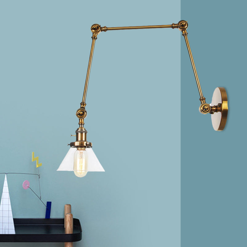 Industrial Conical Clear/Amber Glass Wall Lamp Sconce - Adjustable Arm Black/Bronze/Brass 1 Light 8