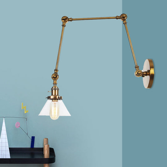 Industrial Conical Clear/Amber Glass Wall Lamp Sconce - Adjustable Arm Black/Bronze/Brass 1 Light 8
