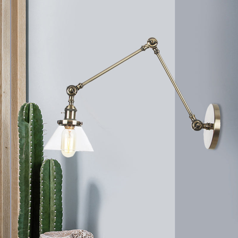 Industrial Conical Clear/Amber Glass Wall Lamp Sconce - Adjustable Arm Black/Bronze/Brass 1 Light 8
