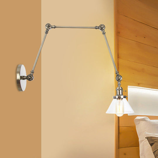Industrial Conical Clear/Amber Glass Wall Lamp Sconce - Adjustable Arm Black/Bronze/Brass 1 Light 8