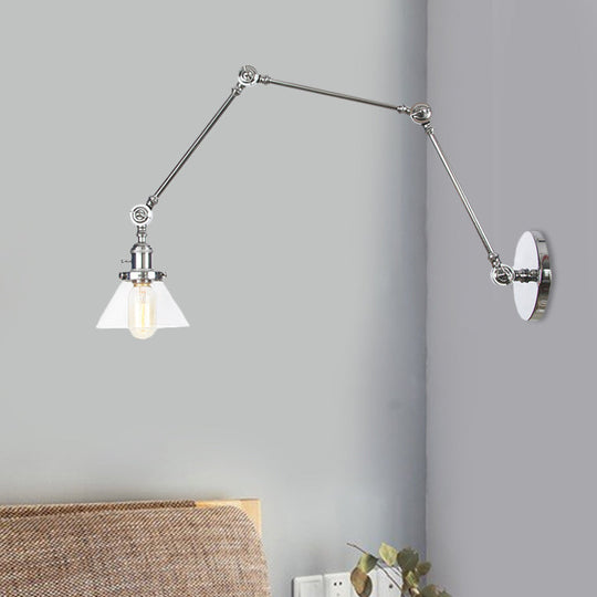 Industrial Conical Clear/Amber Glass Wall Lamp Sconce - Adjustable Arm Black/Bronze/Brass 1 Light 8