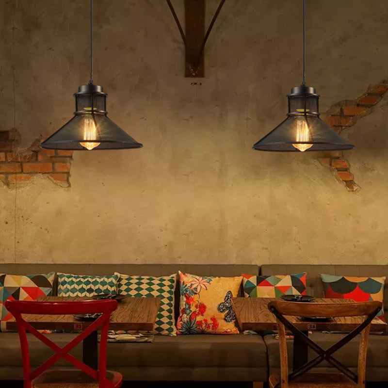 Industrial Mesh Cage Pendant Light With Cone Shade - Rust/Black Finish Ideal For Restaurants Single
