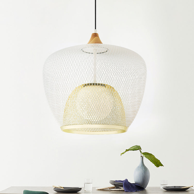 Contemporary 1 Bulb Pendant Ceiling Lamp With White/Blue Woven Iron Mesh Shade White