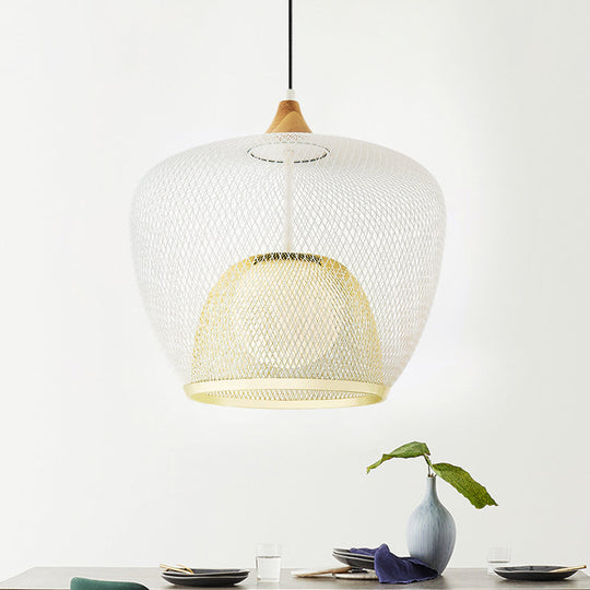 Contemporary 1 Bulb Pendant Ceiling Lamp With White/Blue Woven Iron Mesh Shade White
