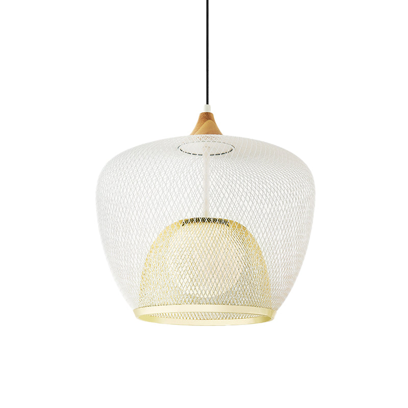 Modern 1 Bulb Pendant Light With Iron Mesh Shade & White/Blue Woven Basket