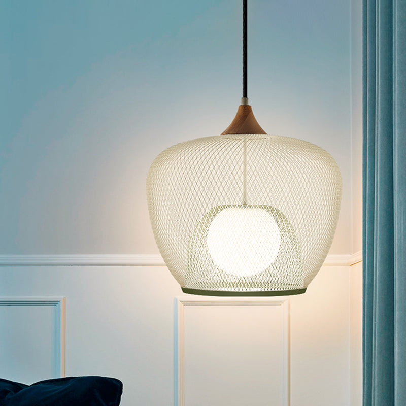 Contemporary 1 Bulb Pendant Ceiling Lamp With White/Blue Woven Iron Mesh Shade