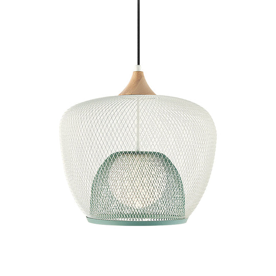 Contemporary 1 Bulb Pendant Ceiling Lamp With White/Blue Woven Iron Mesh Shade