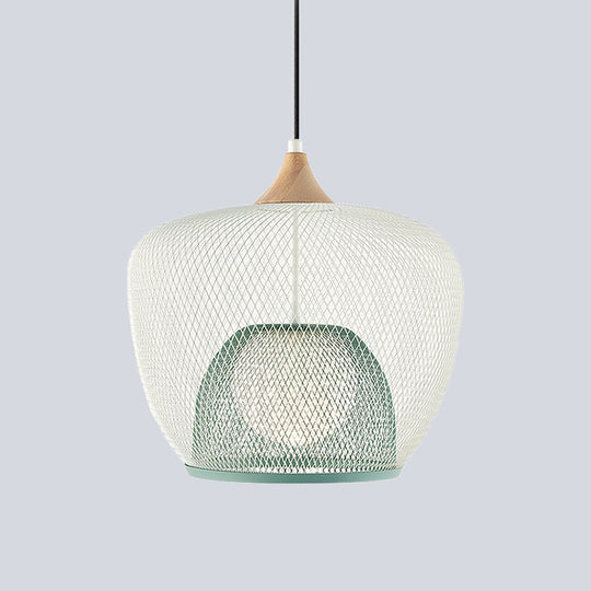 Contemporary 1 Bulb Pendant Ceiling Lamp With White/Blue Woven Iron Mesh Shade