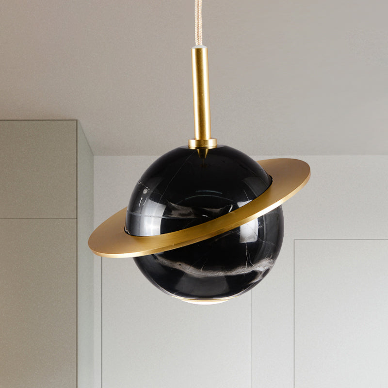 Modern Marble Sphere Ceiling Light: White/Black/Green Led Pendant Lamp With Trapped Ring